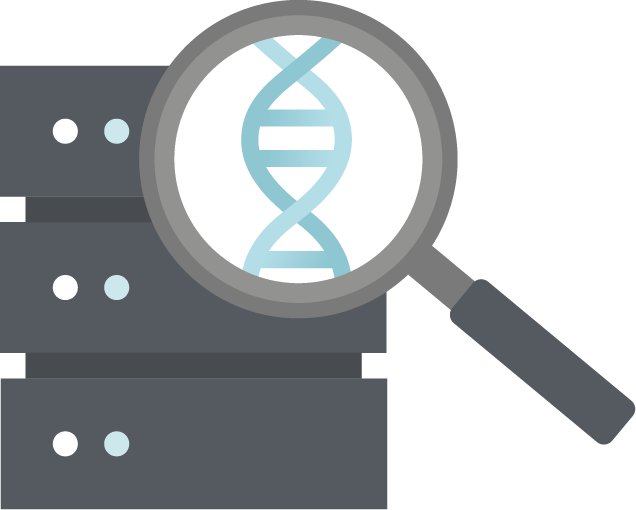 Serveur informatique avec une loupe et de l'ADN